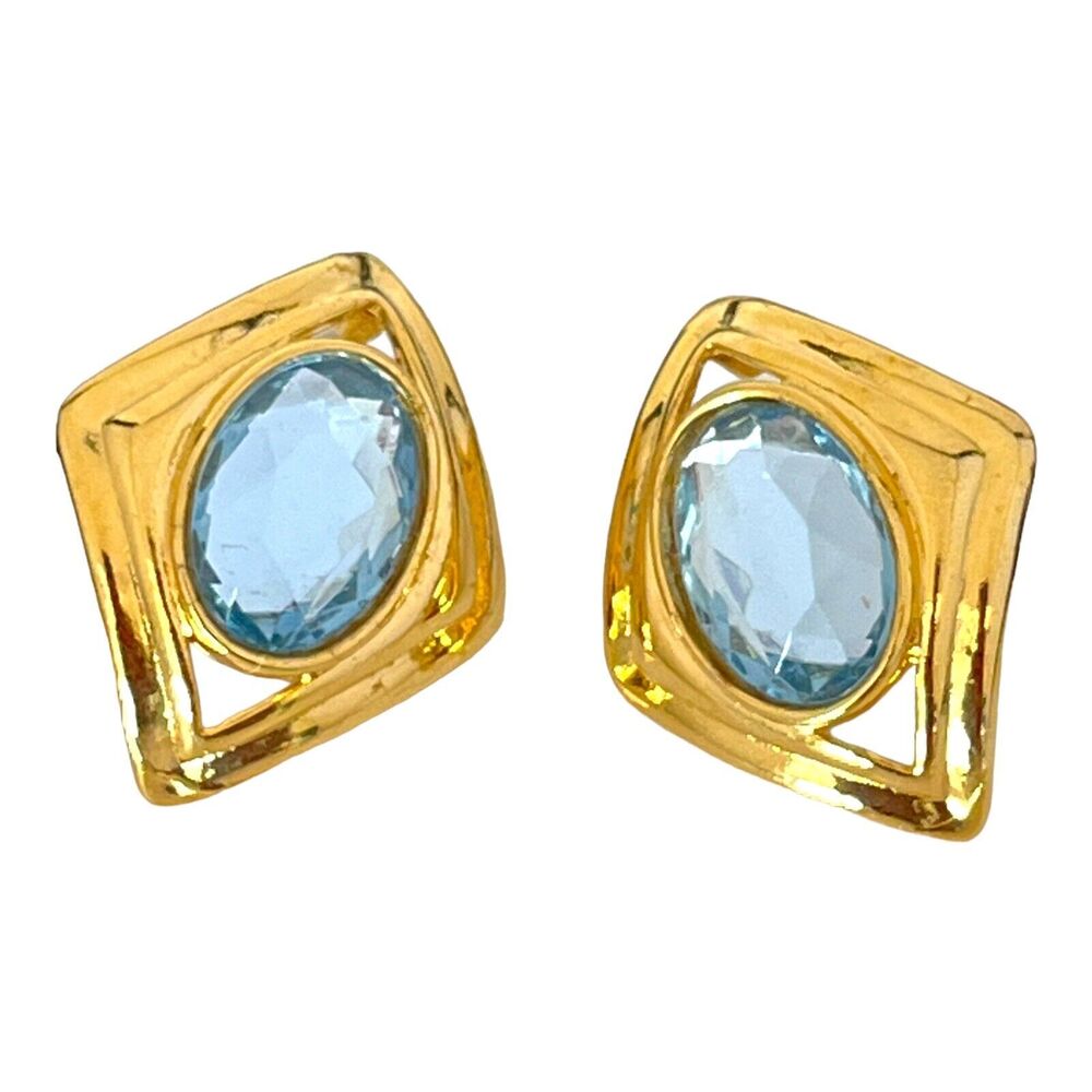 Vintage 1980s Geometric Earrings Gold Tone Blue Glass Pierced - 4J
